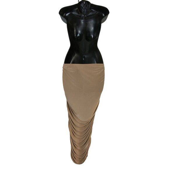 Ruched Slinky Midi Skirt Caramel Brown Size Tall 14 Sexy Bodycon Tight Stretch - Picture 1 of 4
